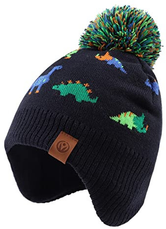 XIAOHAWANG Baby Strickmütze Winter Babymütze Junge Warme Kindermütze Junge Beanie Mütze Dicke Wintermütze für Herbst,Winter (Bunte Dinosaurier Hut,2-4Jahren)