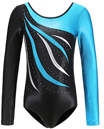 Odizli Turnanzug Mädchen Langarm Kinder U Rücken Strass Gymnastikanzug Ballett Trikot Body Leotard Tanzbody Ballettanzug Balletttrikot Eiskunstlauf Ballerina Ballettkleidung Himmelblau 8-9 Jahre