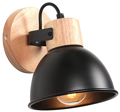 iDEGU Wandleuchte Innen Vintage Wandlampe aus Holz und Eisen Industrie Design Lampe Retro Wandstrahler Verstellbare Deckenleuchte Wandspot Wohnzimmer Schlafzimmer Küche (Schwarz)