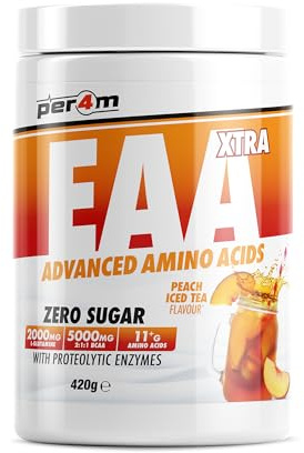 Per4m EAA Xtra, alle 9 essentiellen Aminosäuren, fördert Muskelproteinsynthese & Regeneration, reduziert Muskelkater, als Intra- & Post-Workout-Drink für Sportler täglich – Pfirsich-Eistee – 420g