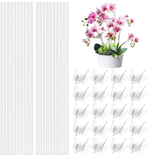 STLOVe Pflanzenstützstäbe, 20 Stück Gartenstecker mit 20 Schmetterlingsclips, Pflanzenkäfig, transparenter Pfingstrosen-Stützrahmen, 43 cm, Blumenstecker für Pfingstrose, kleines Gemüse usw., Topf und