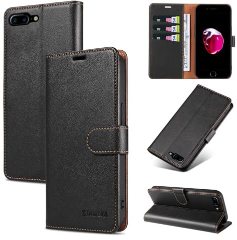 STAWLKA Case for iPhone 7 Plus iPhone 8 Plus, Premium PU Leather Flip Magnetic Buckle Wallet Case Kickstand Blocking RFID Shockproof Protective Phone Cover for iPhone 7 Plus/8 Plus - Black