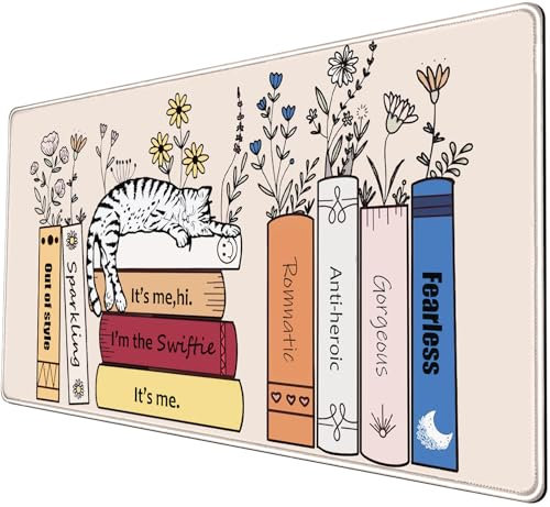 Nasdalgias Large Mouse pad, 31.5 X 15.7 in Book Cat Flower for Women Men Fun Inspired Gifts Novelty