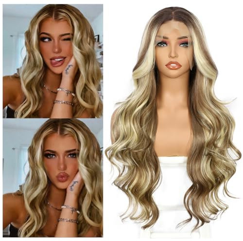 Sapphirewigs Highlight Blond Lace Front Perücke Synthetische Körper Welle Blond Balayage Perücke Damen Party Date Tägliche Tragen Natürlich Aussehen Weihnachten 26inch