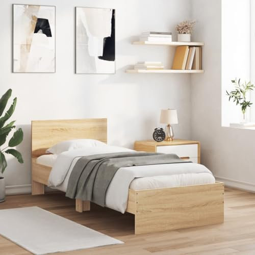 vidaXL Bettgestell, Bettrahmen mit Lattenrost, Bett Gästebett mit Kopfteil LED-Leuchten, Einzelbett Schlafzimmerbett Schlafzimmermöbel, Sonoma-Eiche 90x200cm