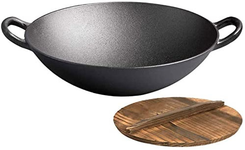 Sartén Wok de Hierro Fundido Sartén Antiadherente sin Revestimiento Olla de Hierro Fundido con Fondo Redondo de Doble Oreja Manual para el hogar Cubierta de Madera de Hierro fundid