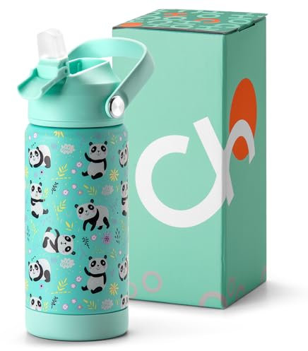 Choco Mocha Edelstahl Trinkflasche Kinder mit Strohhalm für Mädchen Thermosflasche Kinder Auslaufsichere Trinkflasche Isolierte Wasserflasche für Schule BPA-frei 14 Oz/450mL,Grüner Panda