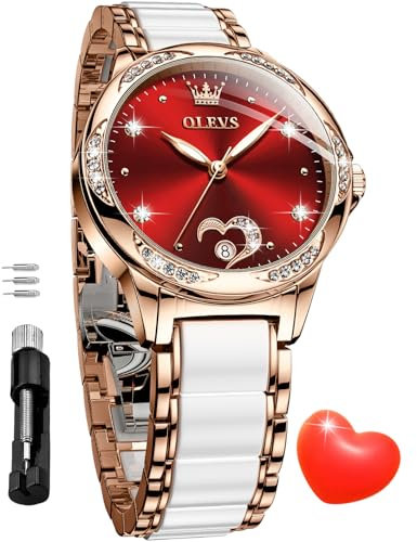 OLEVS Automatikuhr für Damen, selbstaufziehend, Diamant-Armbanduhr, luxuriöses Kleid, Roségold, Keramikuhr für Frauen, Liebe, Herz, Datum, 6631: Rot, Kleid