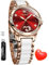 OLEVS Automatikuhr für Damen, selbstaufziehend, Diamant-Armbanduhr, luxuriöses Kleid, Roségold, Keramikuhr für Frauen, Liebe, Herz, Datum, 6631: Rot, Kleid