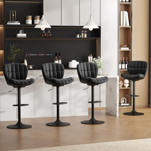 Ckaff Tabouret de Bar Lot de 4, Tabouret de Cuisine Pivotants 360°,Chaise de Bar Réglable en Hauteur avec Similicuir avec et Repose-Pieds, Dossier pour Cuisine, Comptoir, Bar, Noir
