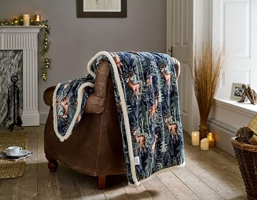 Deyongs Stag Deer Cuddly Sherpa Fleece Throw 140cm x 180cm Navy Blue with Sherpa Reverse