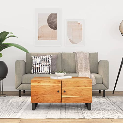 Teenpull Couchtisch 80x50x40 cm, Massivholz Akazie & Holzwerkstoff, mit 2 Fächern & Türen, Wohnzimmertisch für Snacks & Getränke, robuster Beistelltisch
