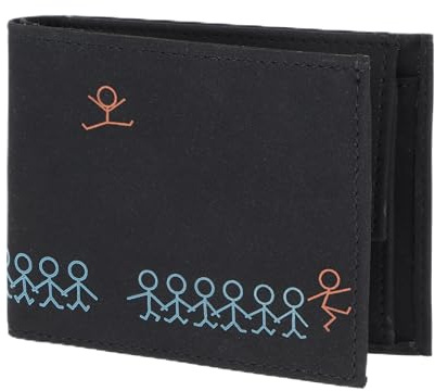 Oxmox Geldbörse Herren klein/Portemonnaie Damen klein | Wallet mit RFID Schutz | New Cryptan (Vegan) | Pocketbörse Querformat | schwarz | Jumping Jack Print Cyan