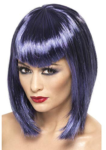 Smiffys Vamp Wig, Purple Short with Fringe, Halloween Fancy Dress Accessory, Halloween Dress Up Wigs