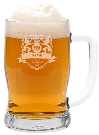 Herz & Heim® Leonardo Bierkrug mit Gravur des Namens und des Geburtsjahr - Löwenstarkes Wappen mit Geburtsjahr