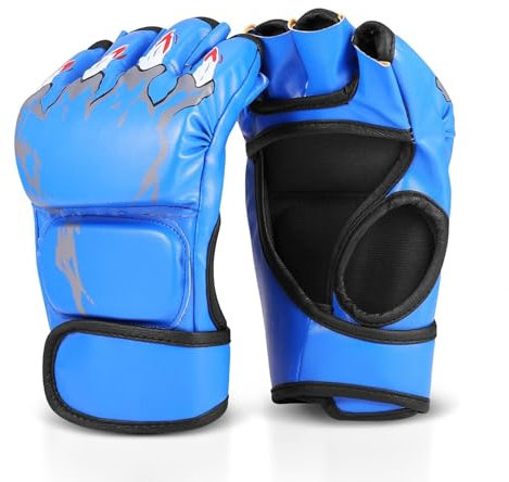 Flexzion Guantoni MMA Boxe Pugilato Boxing - Guanti golves in Pelle PU per Arti Marziali Muay Thai Combattimento Allenamento UFC Sparring, Cinturino Accessorio in Velcro, Paio per Uomini Adulti (Blu)