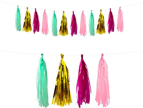 Oblique Unique® Tassel Girlande Quasten Quoddel Quaddel Troddel Papier Streifen Deckenhänger Banner Deko für Geburtstag Hochzeit Jubiläum Party Kindergeburtstag Dekoration - wählbar (Türkis Pink)