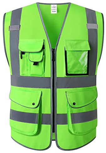 XIAKE Unisex 9 Taschen Warnweste Hohe Sichtbarkeit Weste Reflektierende EN ISO 20471 Standards mit Reißverschluss Grün L