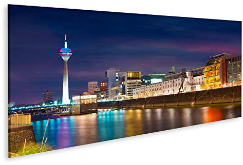 Bild Bilder auf Leinwand Bunte Nachtszene des Rheins bei Nacht in Düsseldorf. Rheinturm im weichen Nachtlicht, Nordrhein-Westfalen, Deutschland, Europa. Wandbild, Poster, Leinwandbild QHL