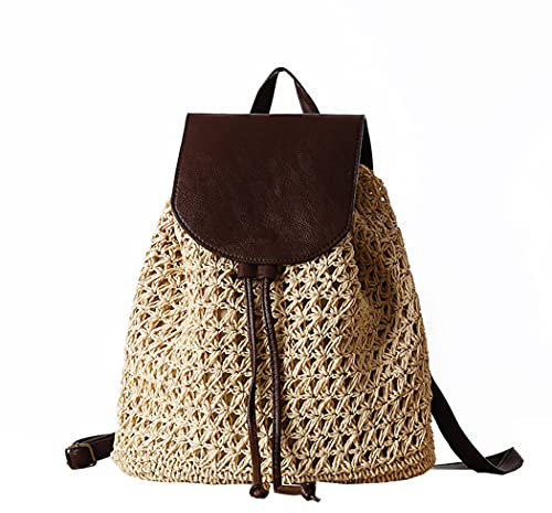 H.S.G.K Sommer Damen Strohtasche Rucksack Mode Beige Tagesrucksack Geflochten Schultertasche Strand, beige, 33*30*16 cm