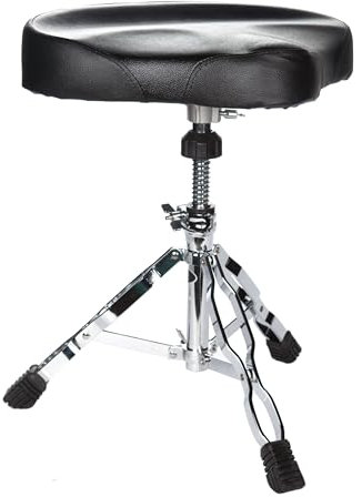 Fame D8002 Drumhocker, Professioneller Sattelsitz, Vinylbezug, Höhenverstellbar 49-60cm, Doppelstrebig, Stabil, Komfortabel, Ideal für Einsteiger und Profis, Verchromtes Finish