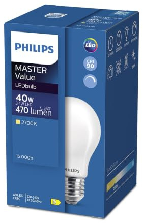 Philips Master LED GLS A60 Light Bulb 3.4W 40W Equivalent E27 Edison Screw Very Warm White Dimmable CRI90 High Colour Rendering Energy Efficient LED