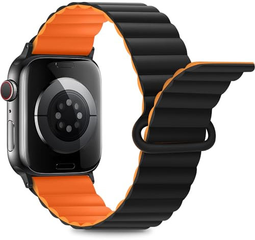 Anlinser Kompatibel mit Apple Watch Armband 49/46/45/44/42/41/40/38mm, Doppelseitiges Wendbares mit Loop Magnetic Ersatzband für iWatch Ultra 2 Serie 10/9/8/7-1 SE (49/46/45/44/42, Schwarz/OR)