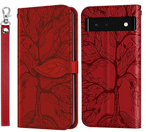 Rostsant Handyhülle für Google Pixel 6a Geprägter Baum PU Leder Klapphüllen Brieftasche Tasche Hülle für Google Pixel 6a - Rot
