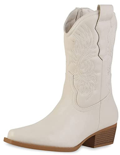 VAN HILL Damen Leicht Gefütterte Cowboy Boots Stiefeletten Stickereien Booties Freizeit Schuhe Spitze Holzoptikabsatz Stiefel 208822 Beige 37