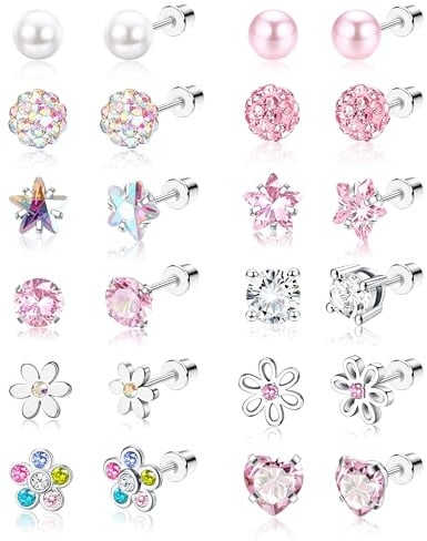 SAILIMUE 12 Pairs Hypoallergenic Screw Back Earrings for Women Girls Surgical Steel Cute Heart CZ Flower Pearl Ball Tiny Screwback Stud Earring