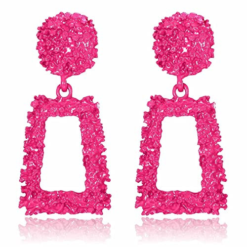 Diamday Clip Boucles d'oreilles pour Femmes Filles ,Non Pierced Boucles d'Oreilles à Pince en Forme de Rectangle Géométrique ,Grandes Boucles d'Oreilles Or Argent Rose Vif