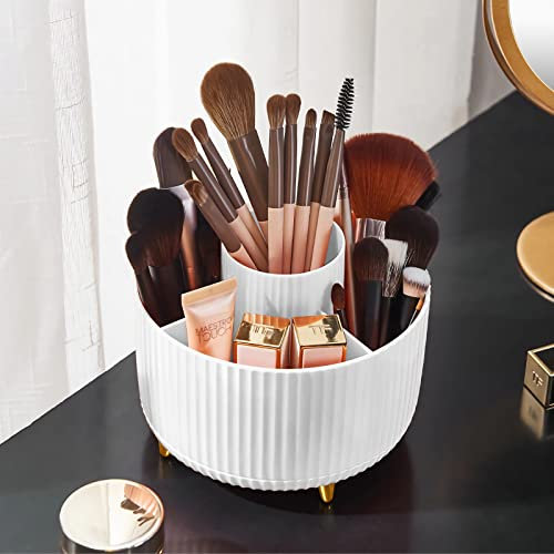 Diesisa 360 Rotating Makeup Brush Organizer With 5 Sections, Spining Countertop Swivel Makeup Brush Holder for Cosmetics, Nail Polish, Art Supply, Bathroom Vanity Desktop Organizer - White