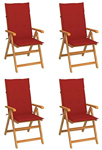 WIFESE 4 STK. Gartenstühle Massivholz Teak Klappstuhl GartenmöBel Set Klappstuhl Holz Gartensessel KlappstüHle 4er Set Hochlehner Verstellbar 7 Positionen 57x71,5x109 cm mit Roten Kissen
