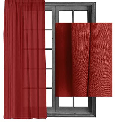 Cleanlevel EST 2016 Gardinen Vorhänge Kräuselband Gardine Vorhang - Leinenlook Blickdicht Schal Dekoschal 140x245cm halbtransparent Leinen Optik Universalband (1, Rot)
