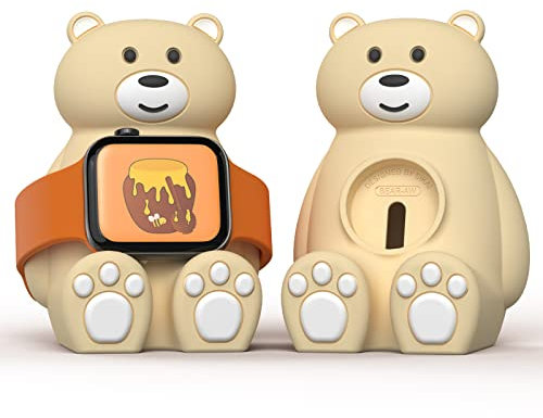 Smartwatch Charger Stand Compatible for Apple Watch 9/8/7/6/SE/5/4/3/2, Bear Silicone Charging Dock Holder for Samsung Galaxy Watch Ultra/7/6/5/5Pro, Support Nightstand Mode