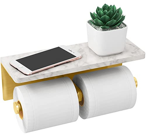 Brushed Gold Toilet Paper Holder with Shelf, New Upgrade Double Toilet Paper Holder with Storage, Marble Roll Toilet Paper Wall Mount for Bathroom Washroom