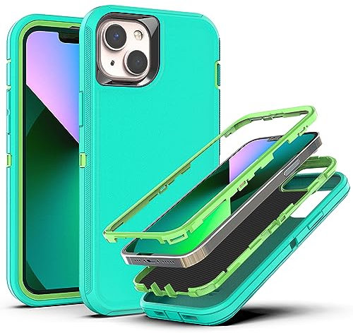 YmhxcY for iPhone 13 Case iPhone 14 Case Shockproof Dropproof Dust-Proof Drop Proof 3-Layer Durable Phone Case Heavy Duty Protection Phone Case Cover for iPhone 13/14 6.1-Aqua Blue/Lime Green