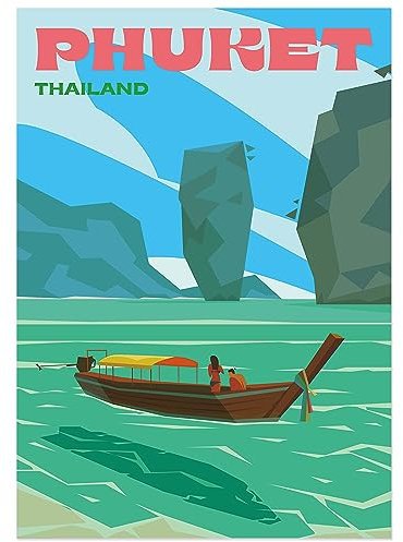 JUNOMI® Phuket Poster DIN A2 | Wohnzimmer Deko, Modernes Wandbild, Thailand Poster, Reiseposter, Bangkok, Thailand | Ohne Rahmen