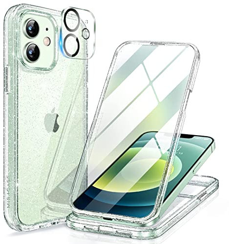 Miracase Compatible with iPhone 12/12 Pro Case 6.1 inch, [Built-in 9H Tempered Glass Screen Protector] Full Body Rubber Bumper Clear Back Case Cover (Clear Glitter)