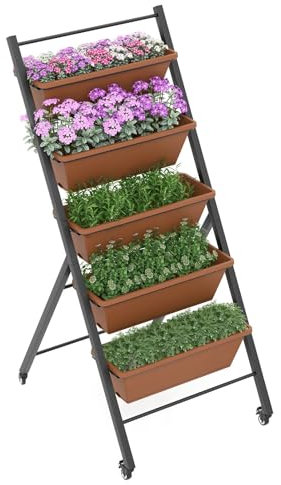 TANGZON 5-Tier Vertical Raised Garden Bed with Wheels, Elevated Garden Planter with 5 Removable Trays & Drain Holes, Indoor Outdoor Ladder Flower Herb Growing Box for Patio Yard (57x74x127cm, Brown)