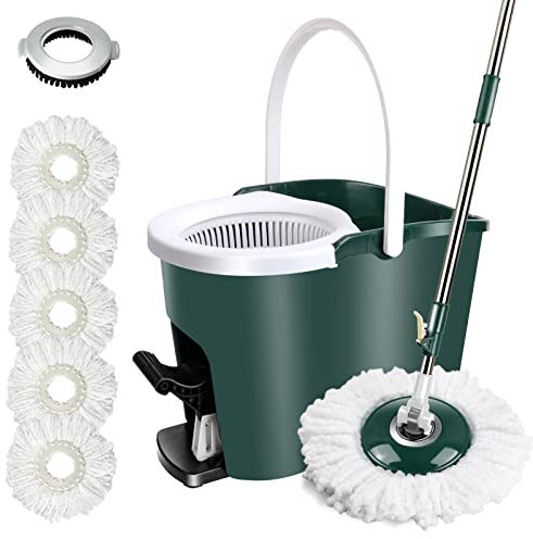 MASTERTOP Mocio Microfibra e Secchio Strizzatore a Pedale, Lavapavimenti con Manico Telescopico, Rotante 360° per Pulizia del Pavimento, Mop Magica con 5 Testinas (Verde Scuro)