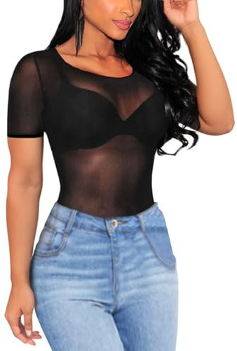 MAYFASEY Women's Basic Short Sleeves Mesh Sheer Tops See Through Blouse Clubwear, Black, L