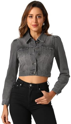 Allegra K Women's Cropped Jean Jacket Button Down Puff Sleeve Denim Jacket, Black Gray, XS