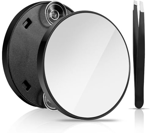 GEEHUA Miroir de Maquillage grossissant x 10 avec 2 ventouses, 9cm Miroir de Maquillage grossissant x 10, Miroir cosmétique Portable avec kit Tweeze pour Voyage, Maquillage, Salle de Bain (Noir)