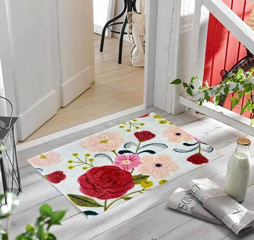 Wash + Dry Flora mittelgroßer waschbarer Indoor-Teppich mit Gummi-Rückseite, kleine Fußmatte für Eingangsbereich, Küche, Badezimmer, rutschfester Teppich, haustierfreundlich, rosa und rotes