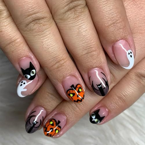 DMQ Almond Halloween Press on Nails, 24Pcs French False Nails, Black Tip French Halloween Fake Nails with Ghost, Bat and Pumpkin, Oval Stick on Nails with Glue for Women Girls Halloween Nails Art