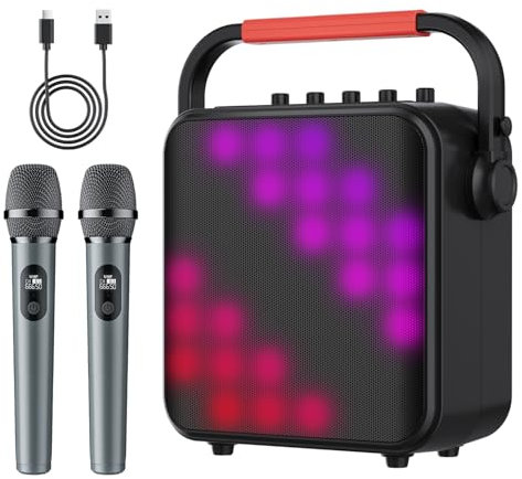 Karaoke Machine 2 Wireless Microphones, Portable Bluetooth Speaker w/PA System for Adults & Kids with LED Lights, Bass/Treble Adjustment, Supports REC/TWS/FM/AUX/USB/IF Card for Home, Outdoor Party