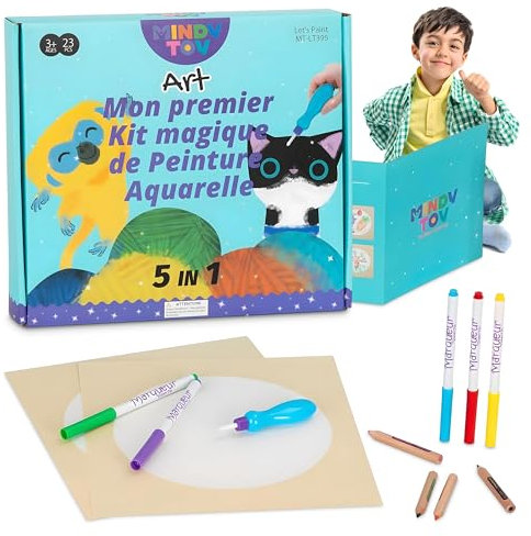MindyToy Kit Magique de Peinture Aquarelle 5-en-1, 23 Pièces, Pour Enfants 3+ Ans, Avec Crayons,Marqueurs, papier magique et Pinceau à réservoir d'eau.