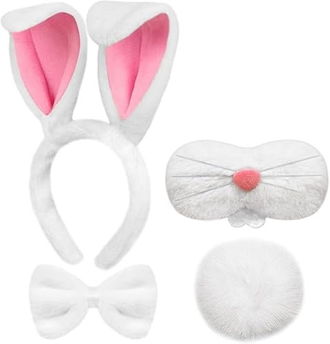 Ensemble Bandeau Oreilles de Lapin en Peluche, Accessoires Déguisement Lapin avec Serre Tête Oreille de Lapin, Cravate Lapin, Queue de Lapin, Nez de Lapin, Oreilles de Lapin Serre Tete Adulte Enfant