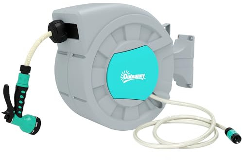 Outsunny Schlauchtrommel mit Gartenschlauch 30m, 180° schwenkbar Schlauchbox, Schlauchaufroller zur Wandmontage, Wasserschlauchaufroller mit automatische Aufrollung, 7-Funktionen Handbrause, Grün+Grau
